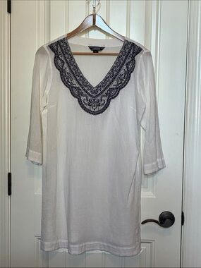 Lands End White Tunic with Black Embroidered V-Neck